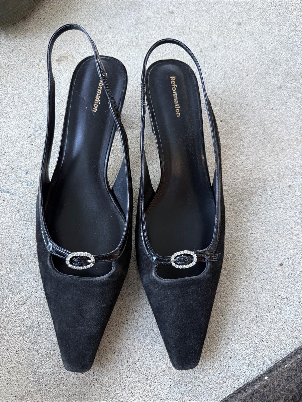 Reformation Black Pointed Toe Slingback Mules with Rhinestone Buckle size 8